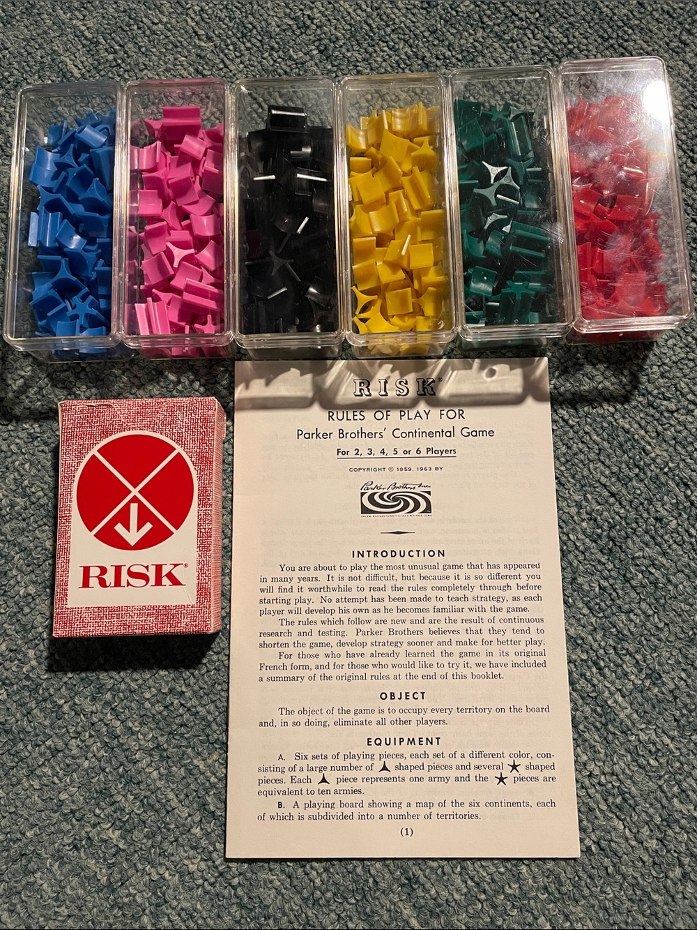 RISK Game Pieces - 6 Armies, 44 Cards, Instructions Parker Brothers Like New ‘68